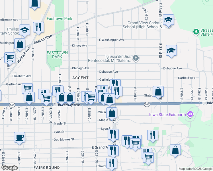 map of restaurants, bars, coffee shops, grocery stores, and more near 2932 Mahaska Avenue in Des Moines