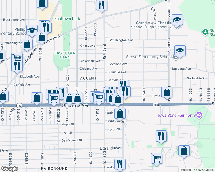 map of restaurants, bars, coffee shops, grocery stores, and more near 2902 Mahaska Avenue in Des Moines