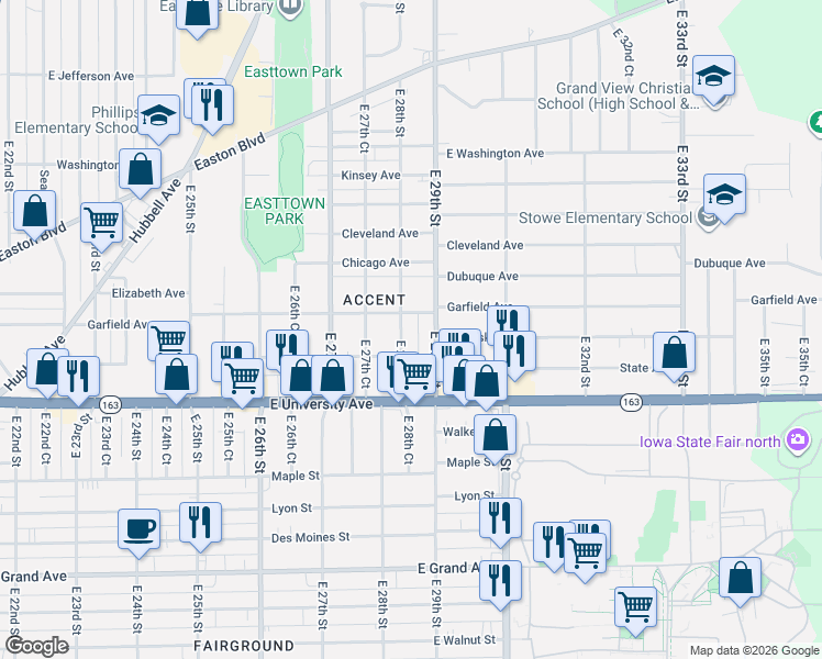 map of restaurants, bars, coffee shops, grocery stores, and more near 1246 East 28th Street in Des Moines