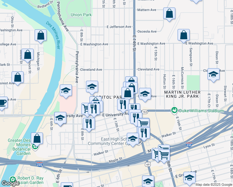 map of restaurants, bars, coffee shops, grocery stores, and more near 1307 East 13th Street in Des Moines