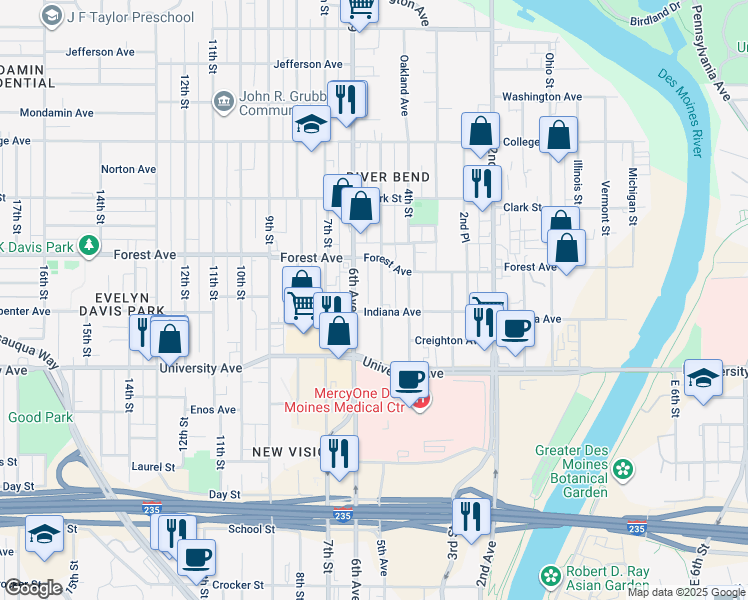 map of restaurants, bars, coffee shops, grocery stores, and more near 1305 6th Avenue in Des Moines