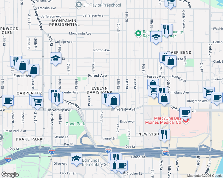 map of restaurants, bars, coffee shops, grocery stores, and more near 1306 13th Street in Des Moines