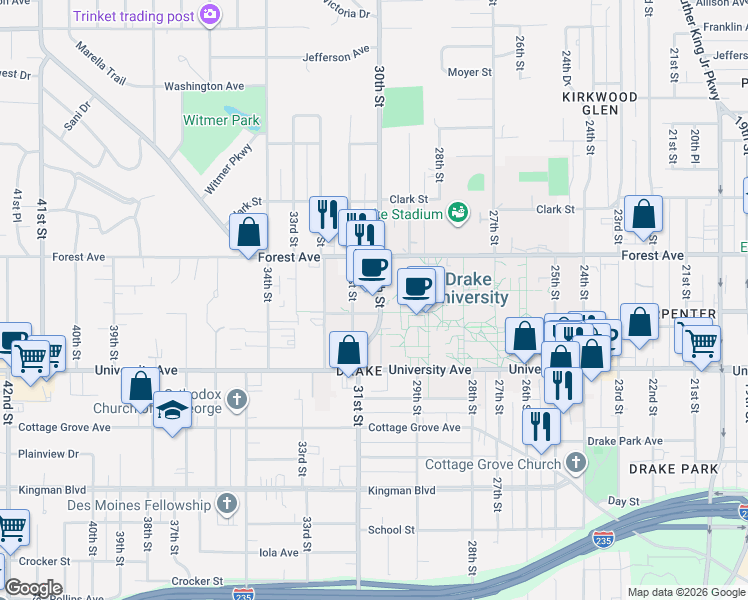 map of restaurants, bars, coffee shops, grocery stores, and more near in Des Moines