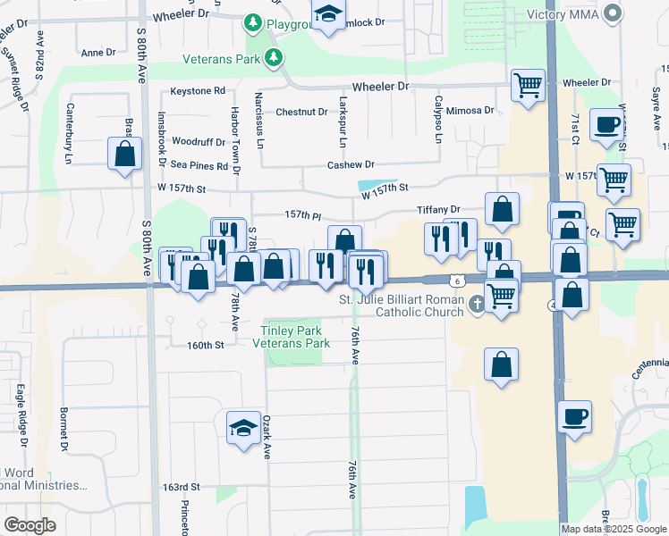 map of restaurants, bars, coffee shops, grocery stores, and more near 7646 U.S. 6 in Tinley Park