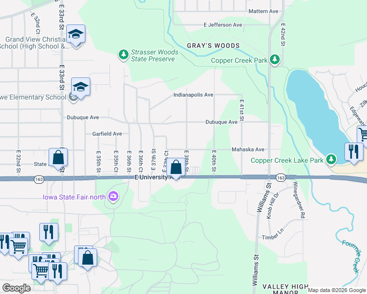 map of restaurants, bars, coffee shops, grocery stores, and more near 1300 East 38th Street in Des Moines