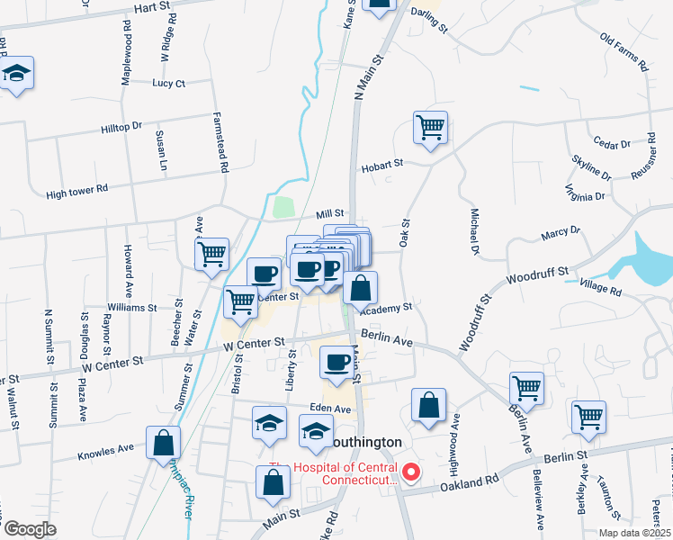 map of restaurants, bars, coffee shops, grocery stores, and more near 36 Main Street in Southington
