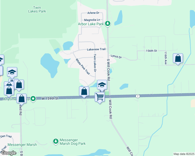 map of restaurants, bars, coffee shops, grocery stores, and more near 15747 Twin Lakes Drive in Homer Glen