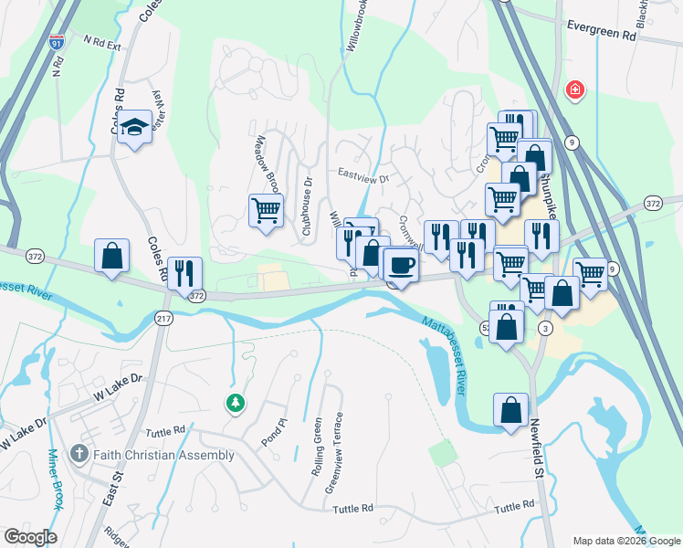 map of restaurants, bars, coffee shops, grocery stores, and more near 100 Berlin Road in Cromwell