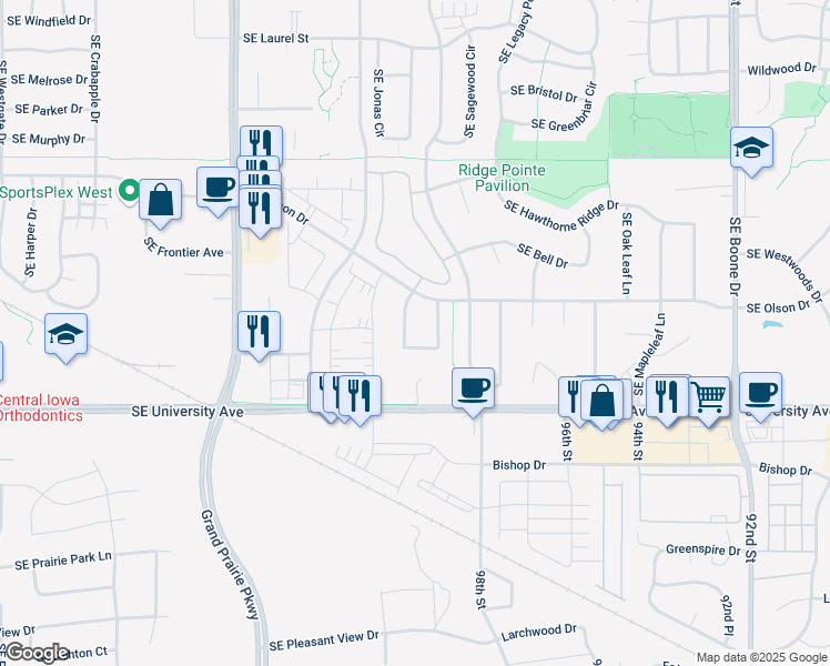 map of restaurants, bars, coffee shops, grocery stores, and more near 985 Southeast Bluegrass Circle in Waukee