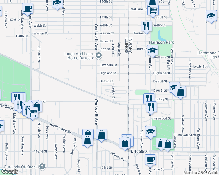 map of restaurants, bars, coffee shops, grocery stores, and more near 106 Forestdale Park in Calumet City
