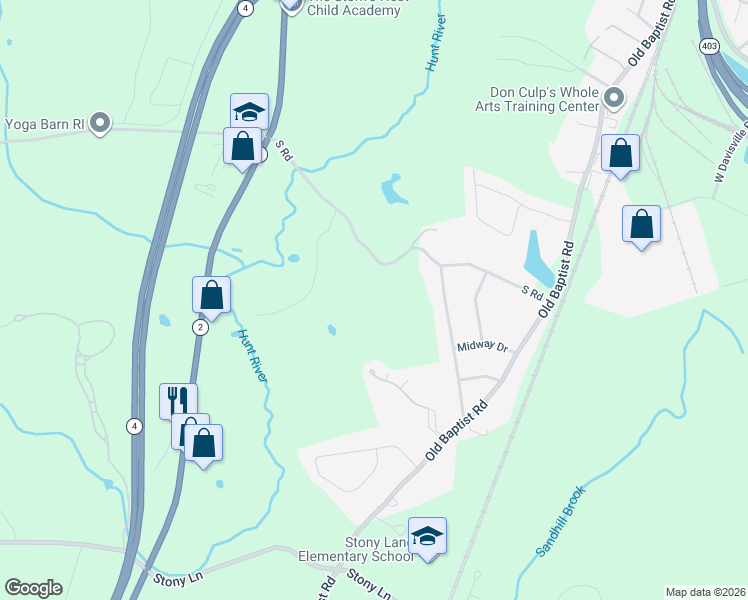 map of restaurants, bars, coffee shops, grocery stores, and more near 150 South Road in East Greenwich
