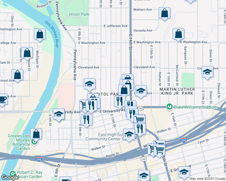 map of restaurants, bars, coffee shops, grocery stores, and more near 1307 East 13th Street in Des Moines