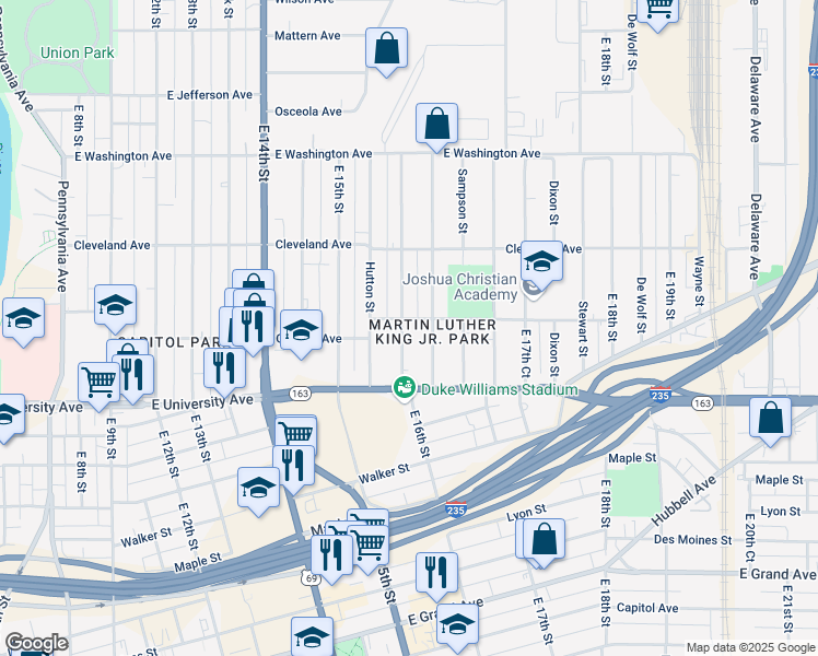 map of restaurants, bars, coffee shops, grocery stores, and more near 1249 East 16th Street in Des Moines