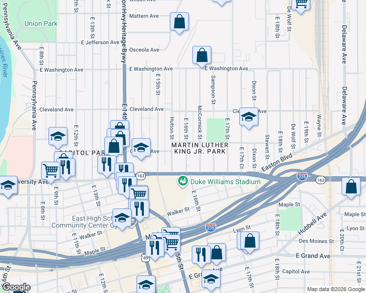 map of restaurants, bars, coffee shops, grocery stores, and more near 1248 East 16th Street in Des Moines
