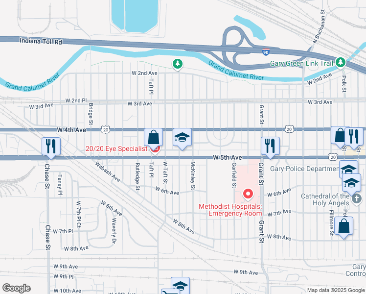 map of restaurants, bars, coffee shops, grocery stores, and more near 455 Roosevelt Street in Gary