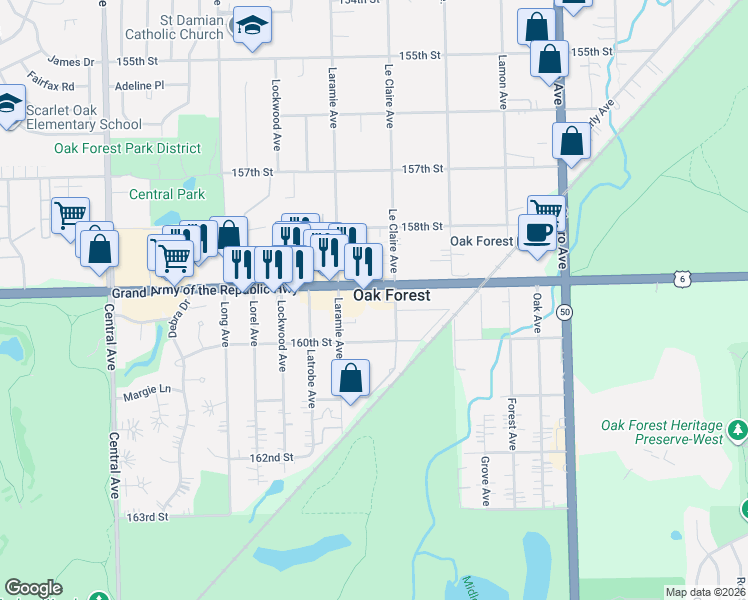 map of restaurants, bars, coffee shops, grocery stores, and more near 5119 West 159th Street in Oak Forest