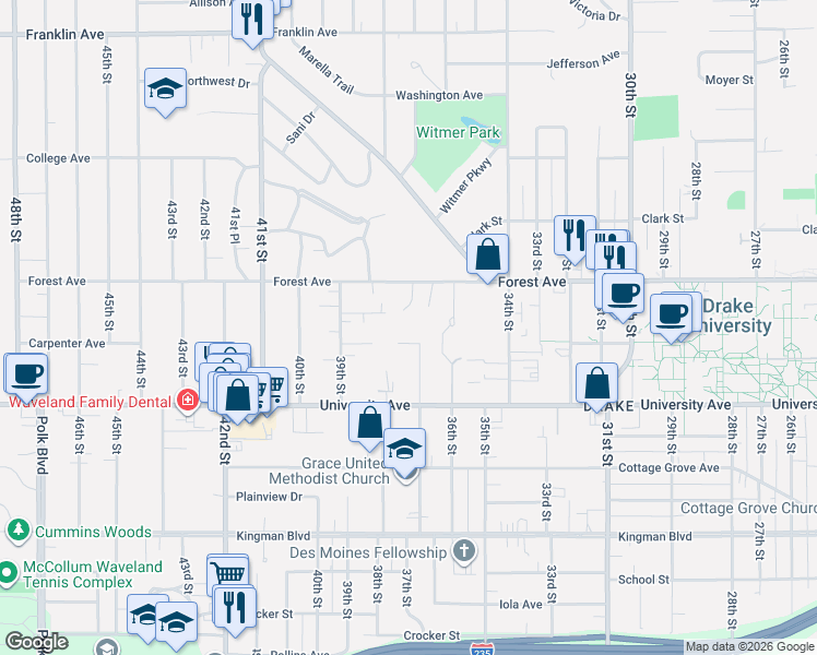 map of restaurants, bars, coffee shops, grocery stores, and more near 3711 Carpenter Avenue in Des Moines