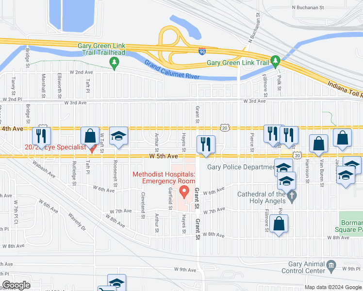 map of restaurants, bars, coffee shops, grocery stores, and more near 450 Hayes Street in Gary
