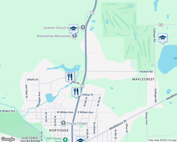 map of restaurants, bars, coffee shops, grocery stores, and more near 1110 North Main Street in Goshen