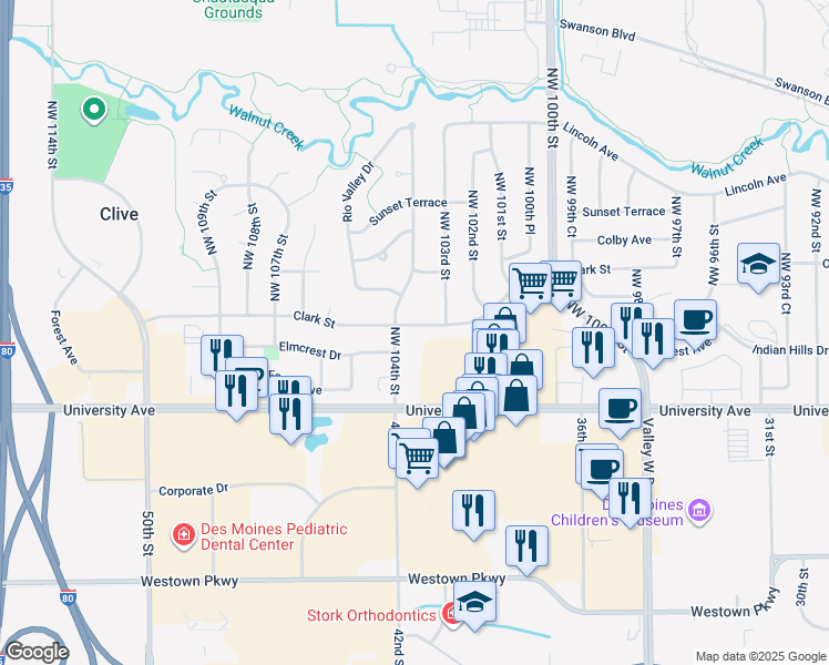 map of restaurants, bars, coffee shops, grocery stores, and more near 10392 Clark Street in Clive