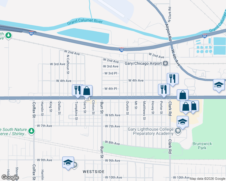 map of restaurants, bars, coffee shops, grocery stores, and more near 5227 West 4th Place in Gary
