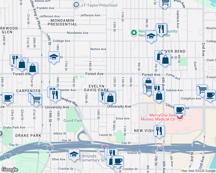 map of restaurants, bars, coffee shops, grocery stores, and more near 1306 13th Street in Des Moines