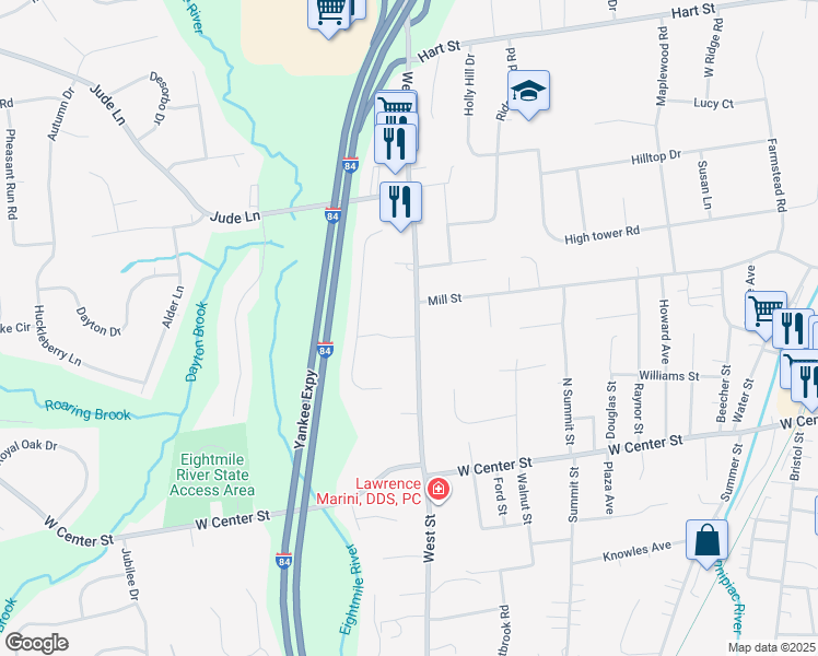 map of restaurants, bars, coffee shops, grocery stores, and more near 530 West Street in Southington
