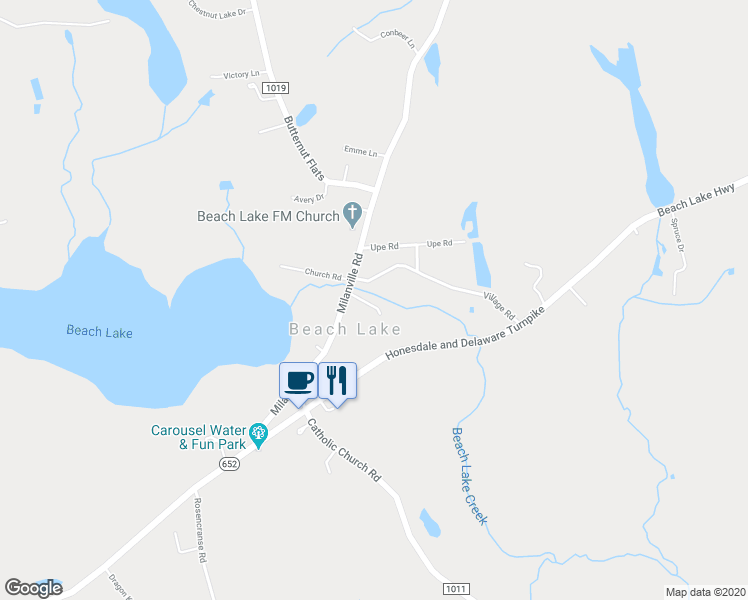 map of restaurants, bars, coffee shops, grocery stores, and more near 9 East Shore Lane in Beach Lake
