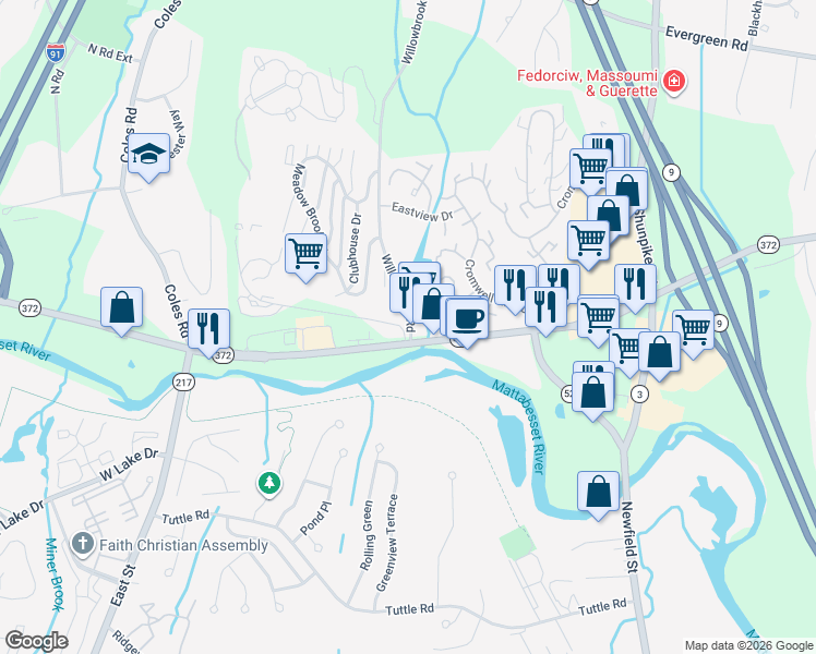map of restaurants, bars, coffee shops, grocery stores, and more near 2 Country Squire Drive in Cromwell