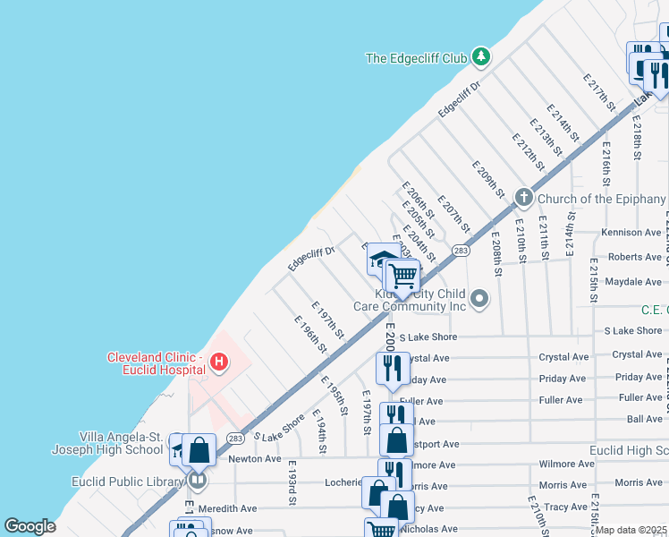 map of restaurants, bars, coffee shops, grocery stores, and more near 91 East 199th Street in Euclid