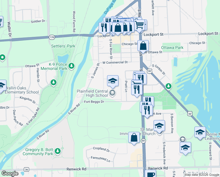 map of restaurants, bars, coffee shops, grocery stores, and more near 24120 Fort Beggs Drive in Plainfield