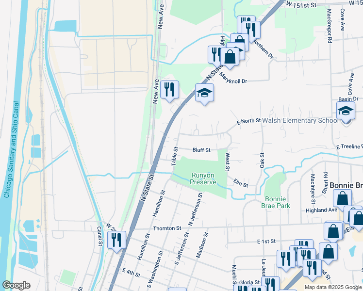 map of restaurants, bars, coffee shops, grocery stores, and more near 425 Table Street in Lockport
