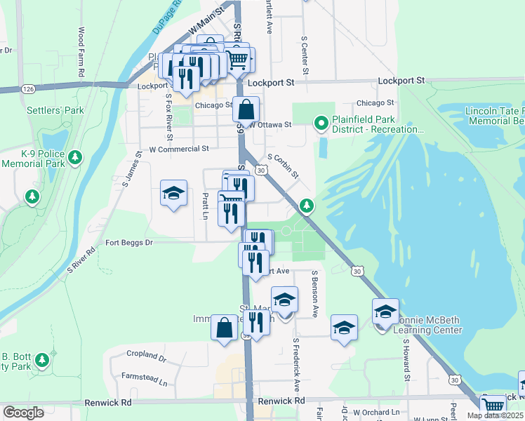 map of restaurants, bars, coffee shops, grocery stores, and more near 15406 South Union Place in Plainfield