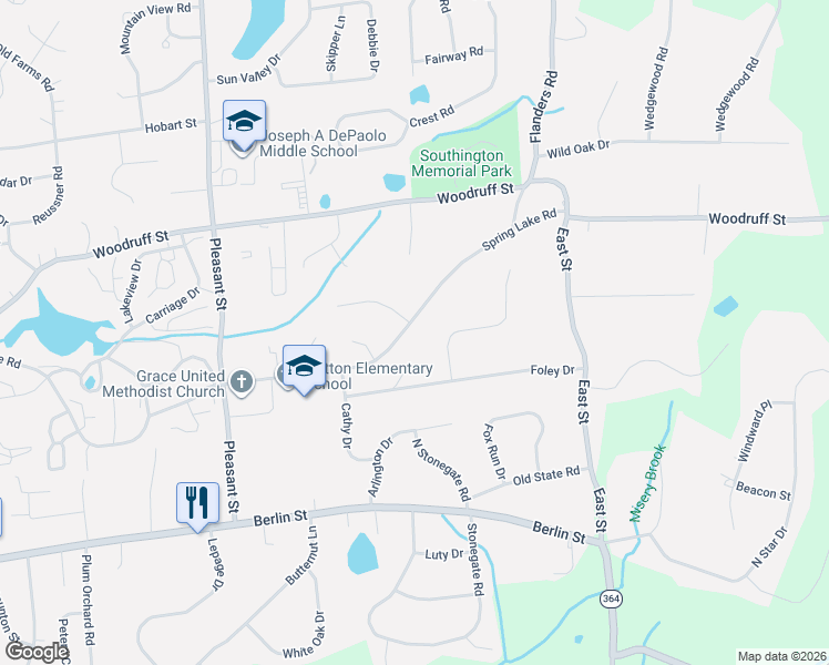 map of restaurants, bars, coffee shops, grocery stores, and more near 198 Spring Lake Road in Southington