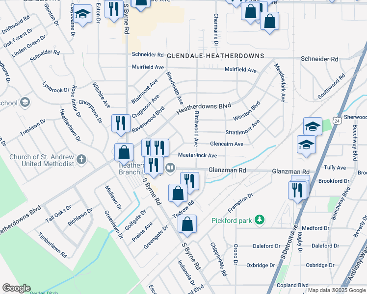 map of restaurants, bars, coffee shops, grocery stores, and more near 3229 Glencairn Avenue in Toledo