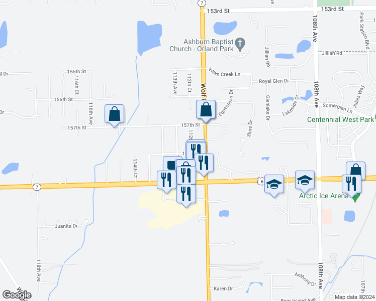 map of restaurants, bars, coffee shops, grocery stores, and more near 15760 112th Court in Orland Park