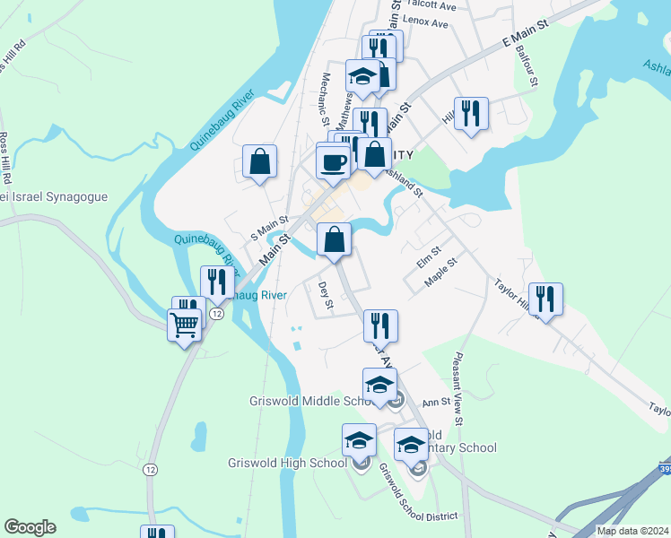 map of restaurants, bars, coffee shops, grocery stores, and more near 2 Wedgewood Drive in Griswold
