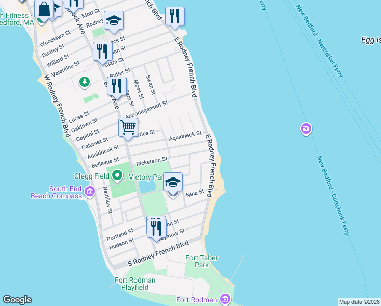 map of restaurants, bars, coffee shops, grocery stores, and more near 66 Ricketson Street in New Bedford