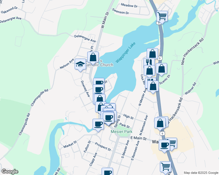 map of restaurants, bars, coffee shops, grocery stores, and more near 21 School Street in Wappingers Falls