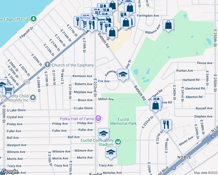 map of restaurants, bars, coffee shops, grocery stores, and more near 442 Clearview Drive in Euclid