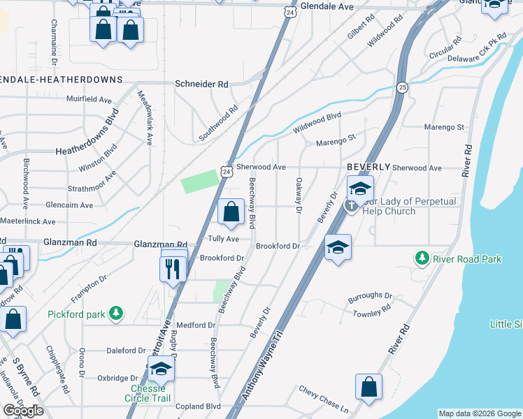 map of restaurants, bars, coffee shops, grocery stores, and more near 3511 Beechway Boulevard in Toledo