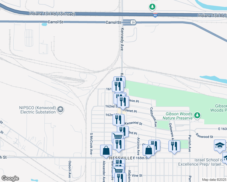 map of restaurants, bars, coffee shops, grocery stores, and more near 6110 Kennedy Avenue in Hammond