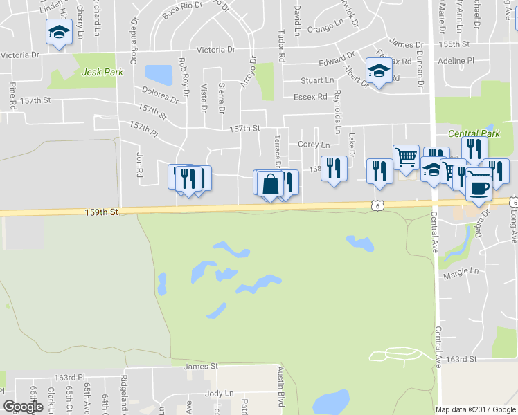 map of restaurants, bars, coffee shops, grocery stores, and more near 6099 West 159th Street in Oak Forest