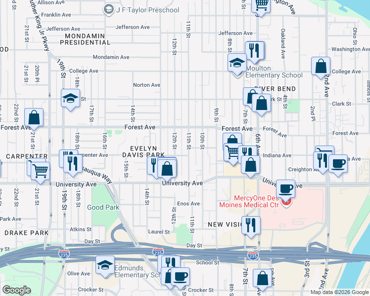 map of restaurants, bars, coffee shops, grocery stores, and more near 1311 11th Street in Des Moines