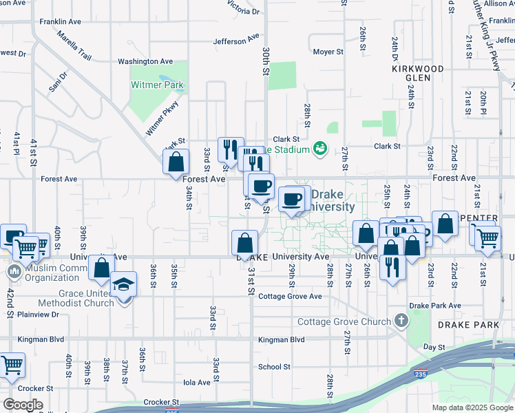 map of restaurants, bars, coffee shops, grocery stores, and more near in Des Moines