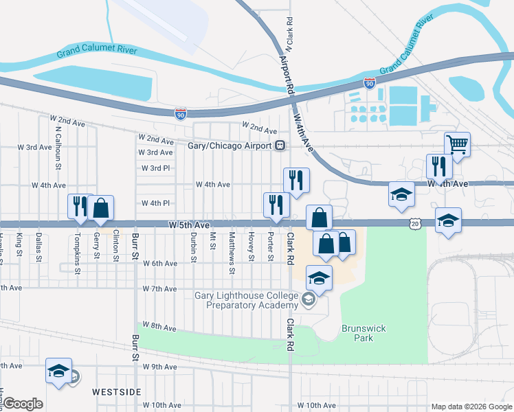 map of restaurants, bars, coffee shops, grocery stores, and more near 463 Hovey Street in Gary