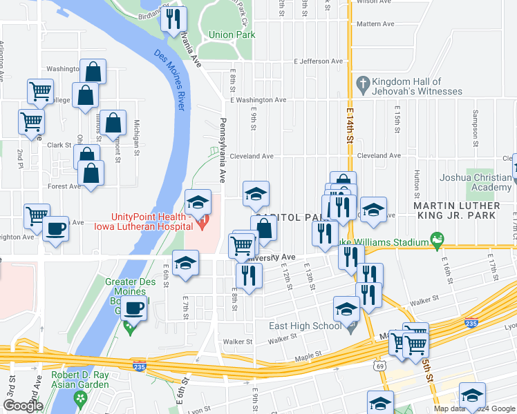 map of restaurants, bars, coffee shops, grocery stores, and more near 1311 East 9th Street in Des Moines