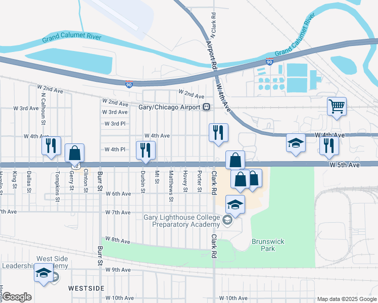 map of restaurants, bars, coffee shops, grocery stores, and more near 453 Hovey Street in Gary