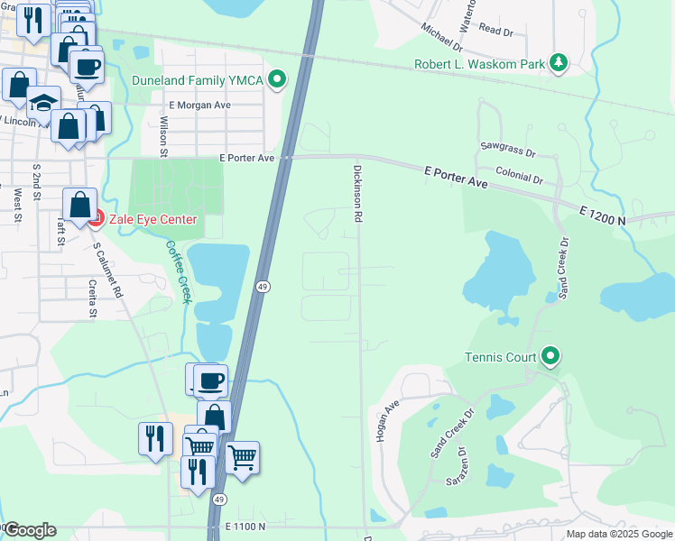 map of restaurants, bars, coffee shops, grocery stores, and more near 700 Dickinson Road in Chesterton