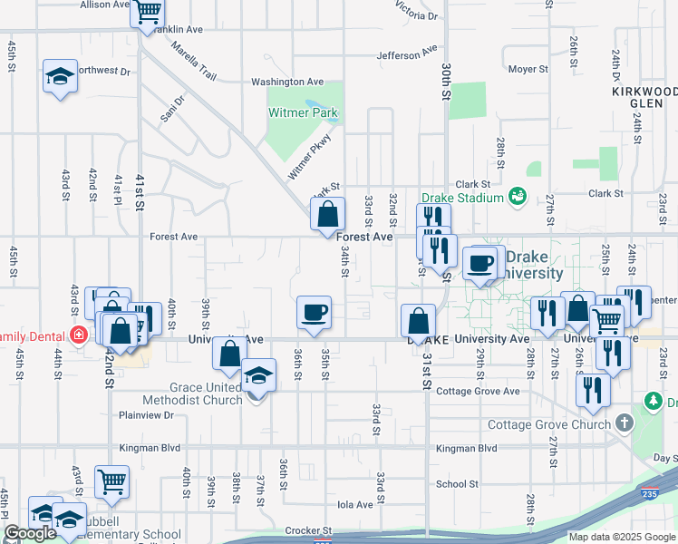 map of restaurants, bars, coffee shops, grocery stores, and more near 1306 34th Street in Des Moines